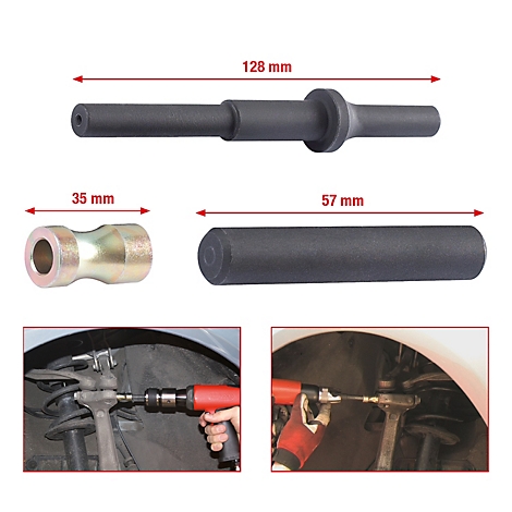 Werkzeug zur Fahrwerk Reparatur. Verschiedene Werkzeuge, ein Radaufhängung Detail und zwei Anwendungsbeispiele.
